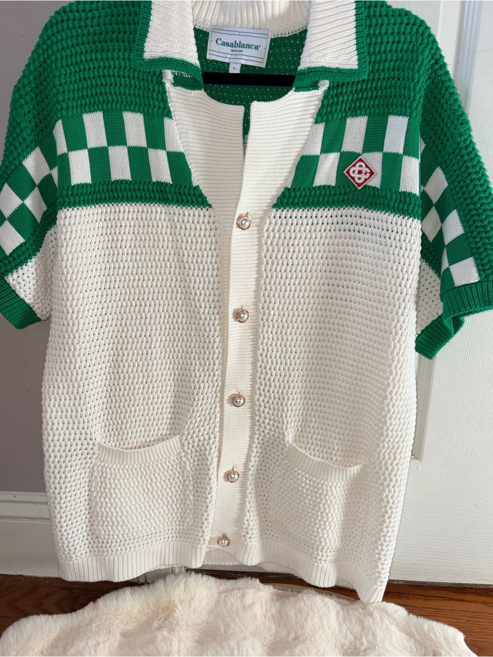 Casablanca Green & White Short-Sleeve Checker Cardigan & Short Set